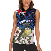 Tomtit New Zealand Personalised Women Sleeveless Polo Shirt Miromiro Manuka Flower Maori Pattern