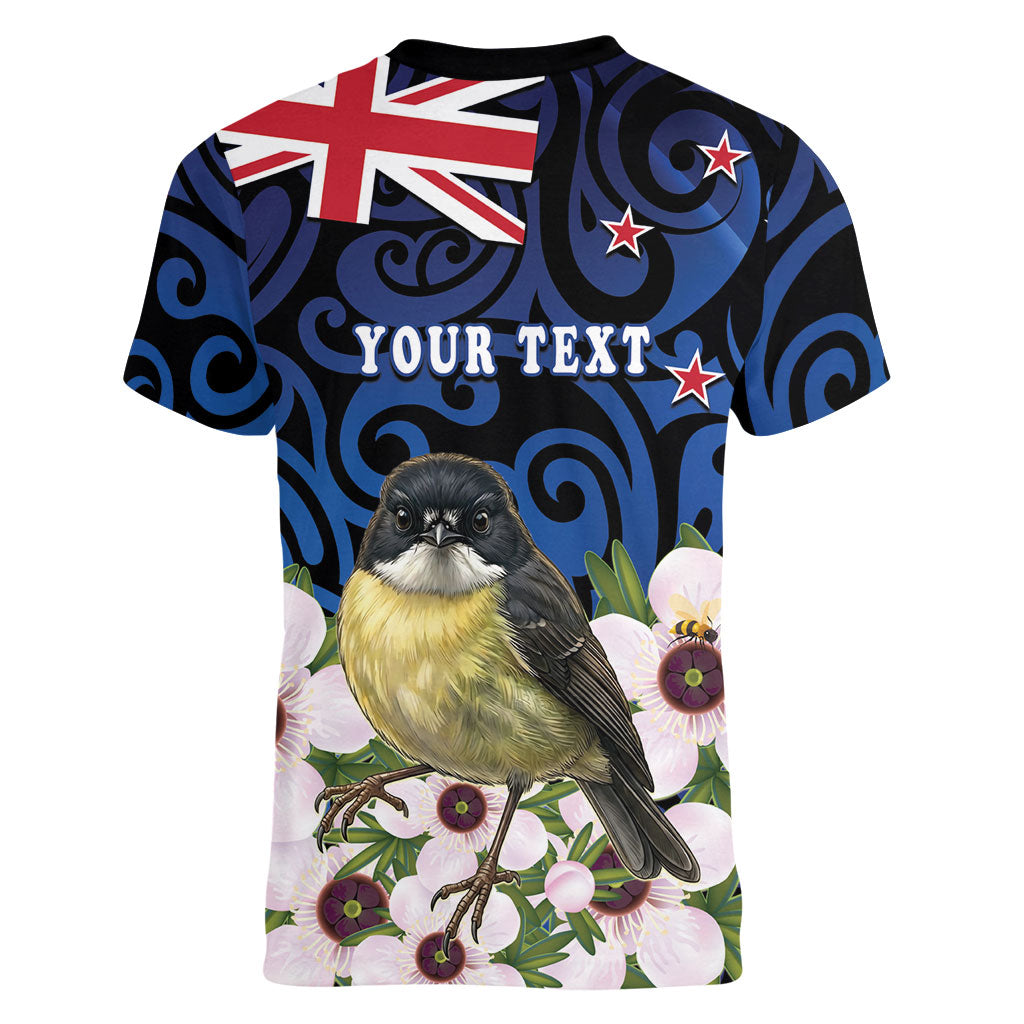 Tomtit New Zealand Personalised Women V-Neck T-Shirt Miromiro Manuka Flower Maori Pattern