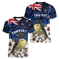 Tomtit New Zealand Personalised Women V-Neck T-Shirt Miromiro Manuka Flower Maori Pattern