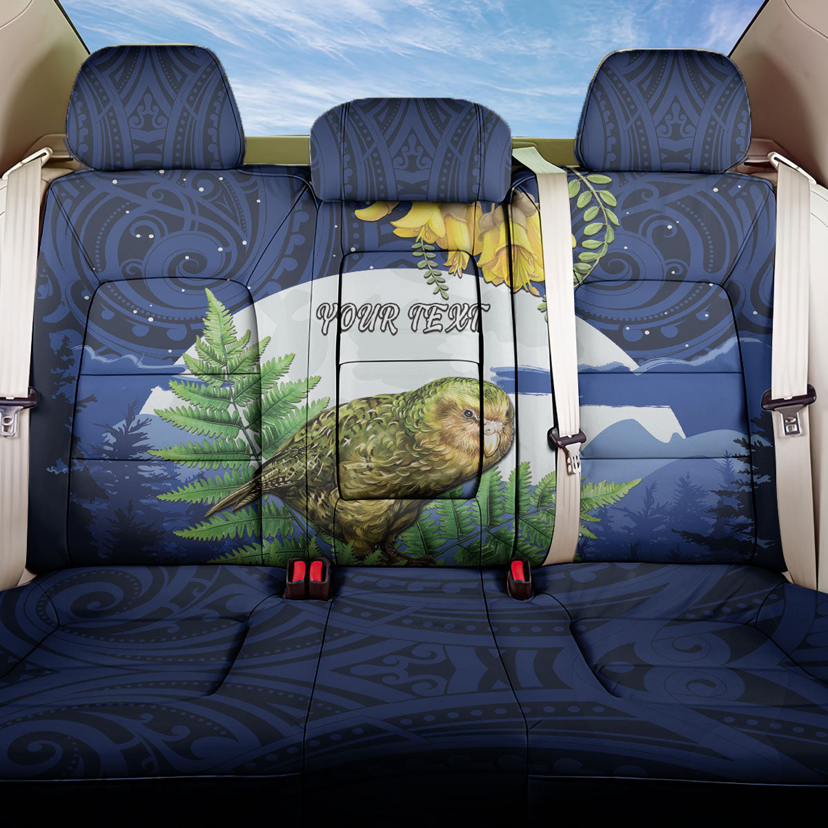 Kakapo New Zealand Personalised Back Car Seat Cover Kowhai Flower Silver Fern Maori Pattern
