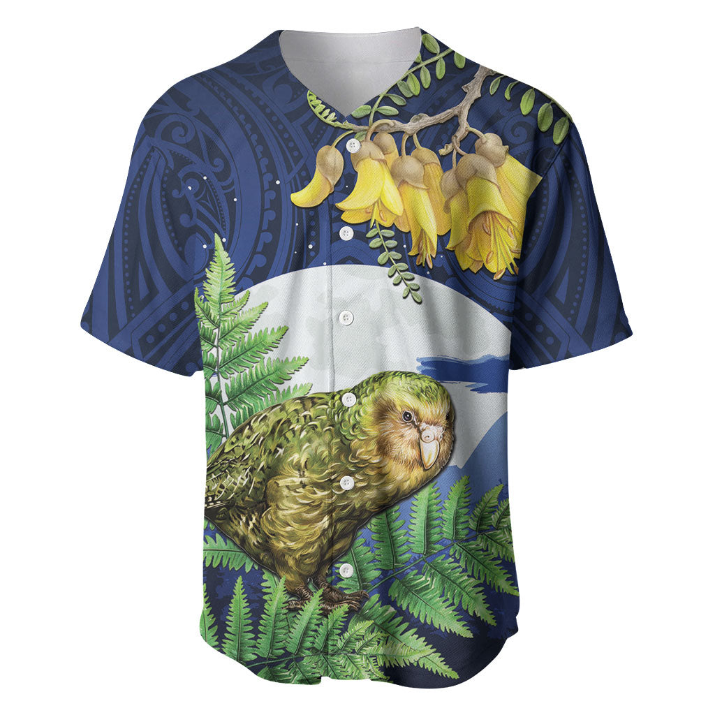 Kakapo New Zealand Personalised Baseball Jersey Kowhai Flower Silver Fern Maori Pattern LT22 Blue - Polynesian Pride