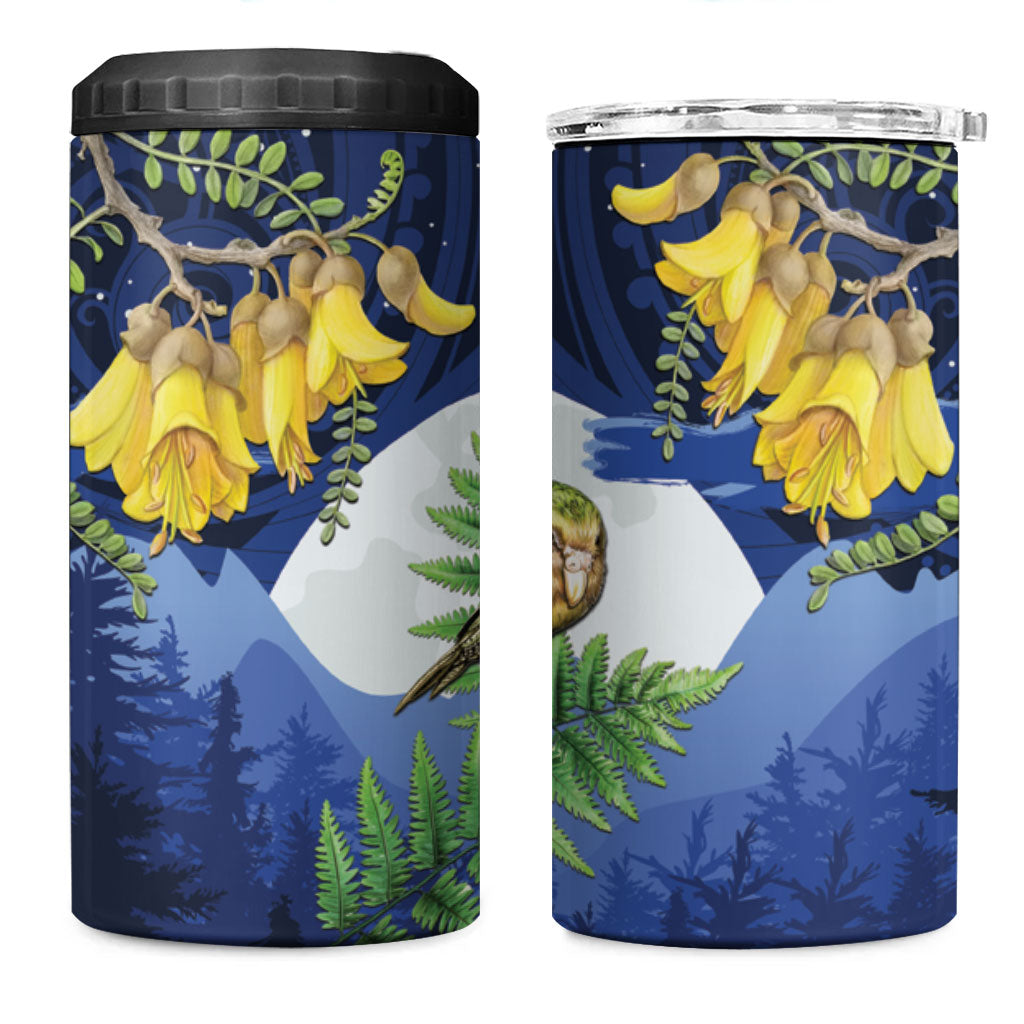 Kakapo New Zealand Personalised 4 in 1 Can Cooler Tumbler Kowhai Flower Silver Fern Maori Pattern