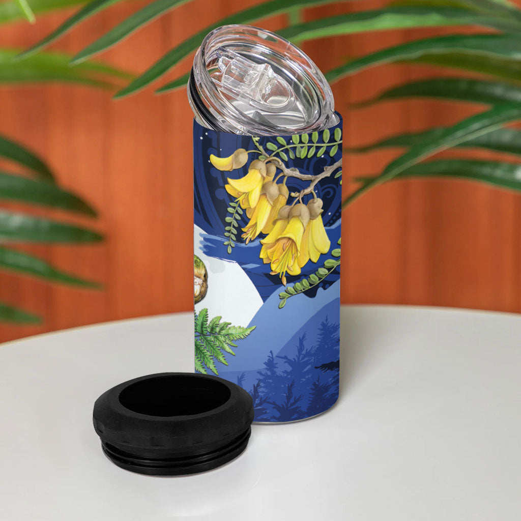 Kakapo New Zealand Personalised 4 in 1 Can Cooler Tumbler Kowhai Flower Silver Fern Maori Pattern