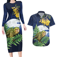 Kakapo New Zealand Personalised Couples Matching Long Sleeve Bodycon Dress and Hawaiian Shirt Kowhai Flower Silver Fern Maori Pattern