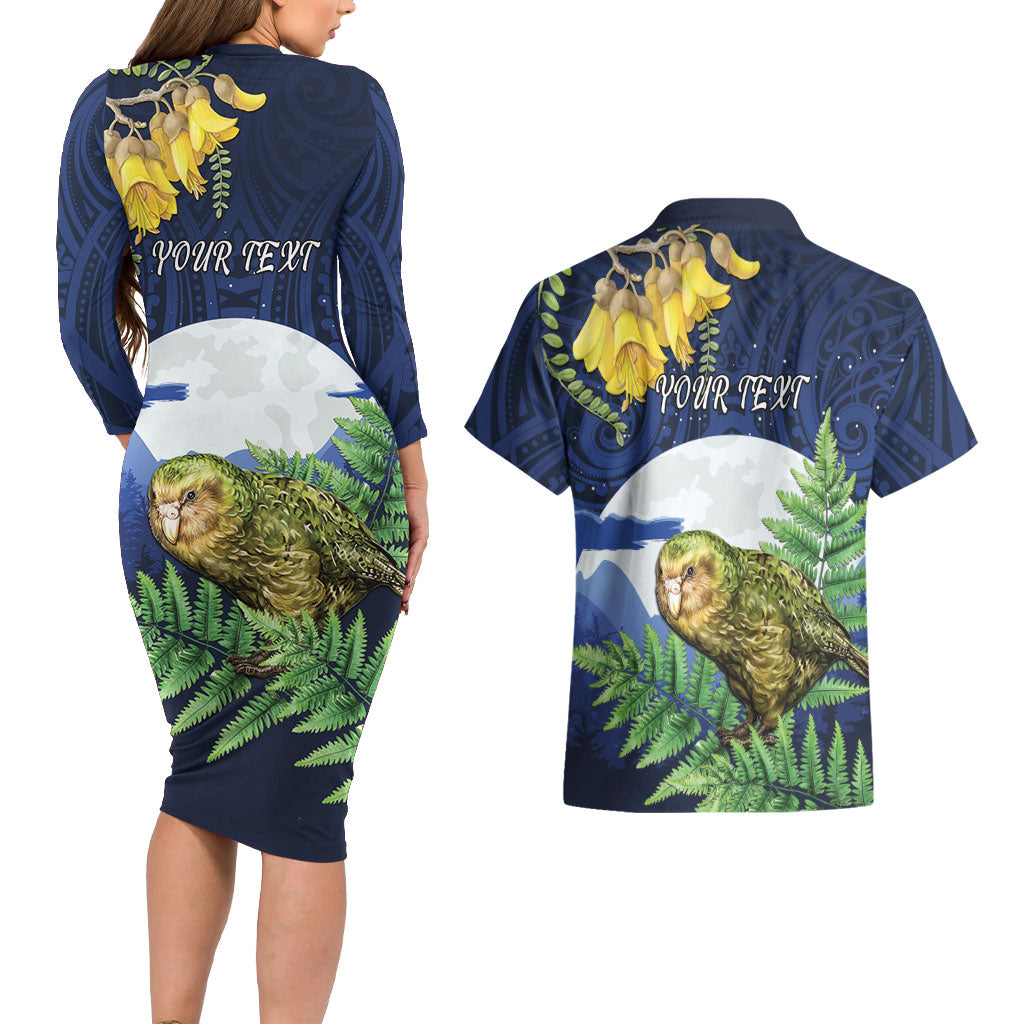 Kakapo New Zealand Personalised Couples Matching Long Sleeve Bodycon Dress and Hawaiian Shirt Kowhai Flower Silver Fern Maori Pattern