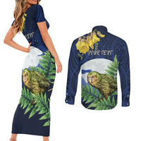 Kakapo New Zealand Personalised Couples Matching Short Sleeve Bodycon Dress and Long Sleeve Button Shirt Kowhai Flower Silver Fern Maori Pattern