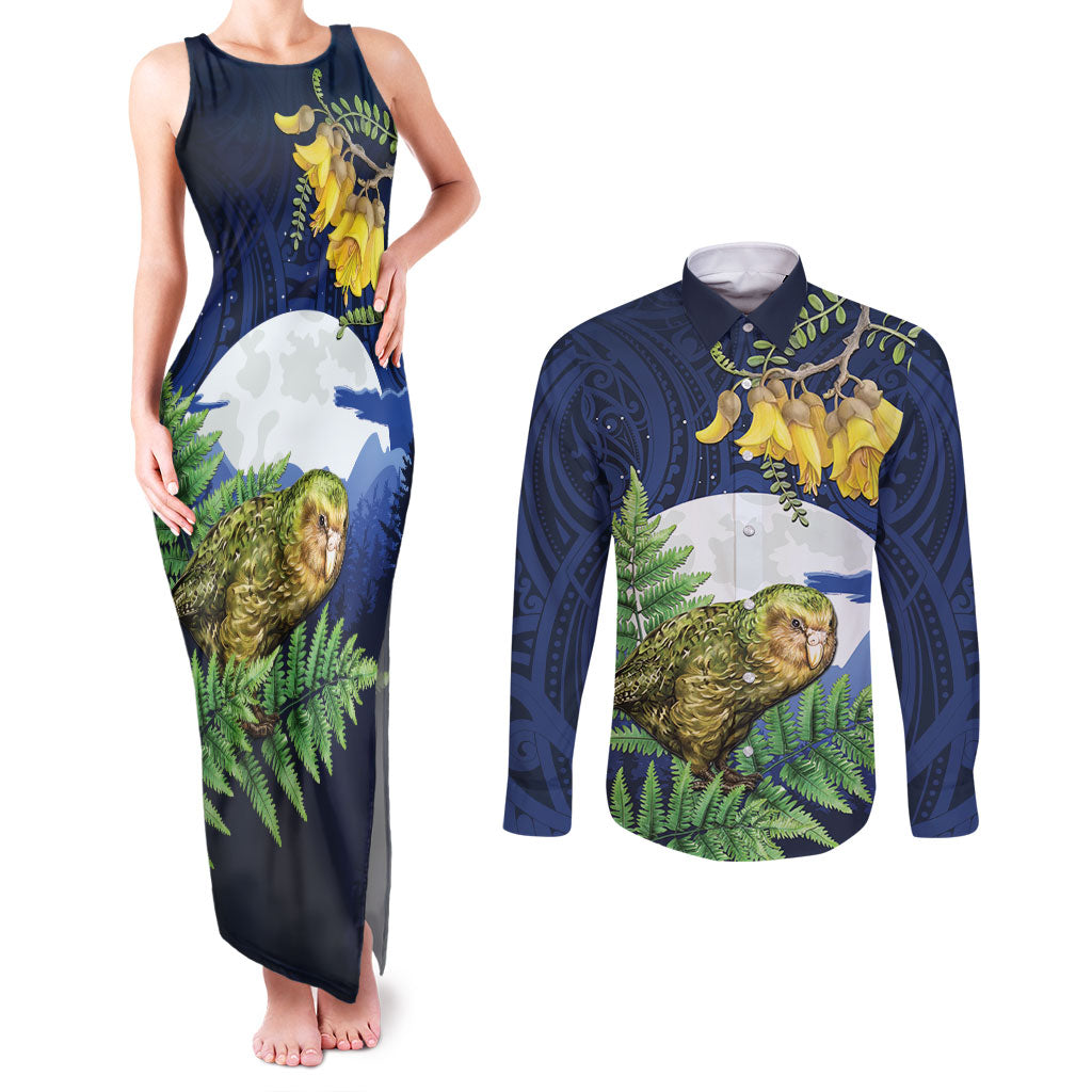 Kakapo New Zealand Personalised Couples Matching Tank Maxi Dress and Long Sleeve Button Shirt Kowhai Flower Silver Fern Maori Pattern LT22 Blue - Polynesian Pride