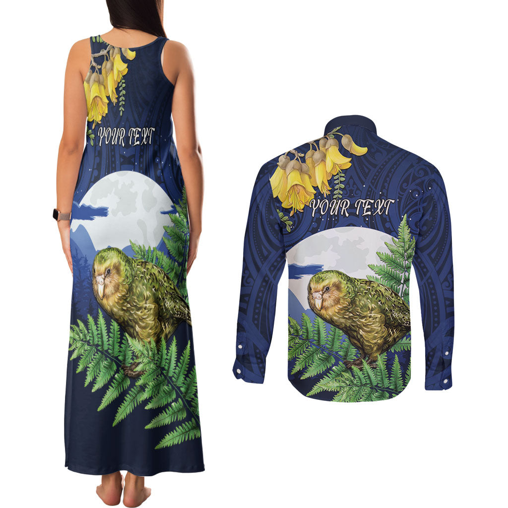 Kakapo New Zealand Personalised Couples Matching Tank Maxi Dress and Long Sleeve Button Shirt Kowhai Flower Silver Fern Maori Pattern LT22 - Polynesian Pride