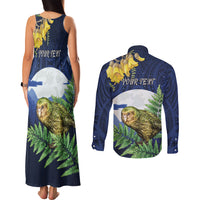 Kakapo New Zealand Personalised Couples Matching Tank Maxi Dress and Long Sleeve Button Shirt Kowhai Flower Silver Fern Maori Pattern LT22 - Polynesian Pride