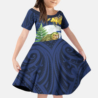 Kakapo New Zealand Personalised Family Matching Mermaid Dress and Hawaiian Shirt Kowhai Flower Silver Fern Maori Pattern LT22 Daughter's Dress Blue - Polynesian Pride