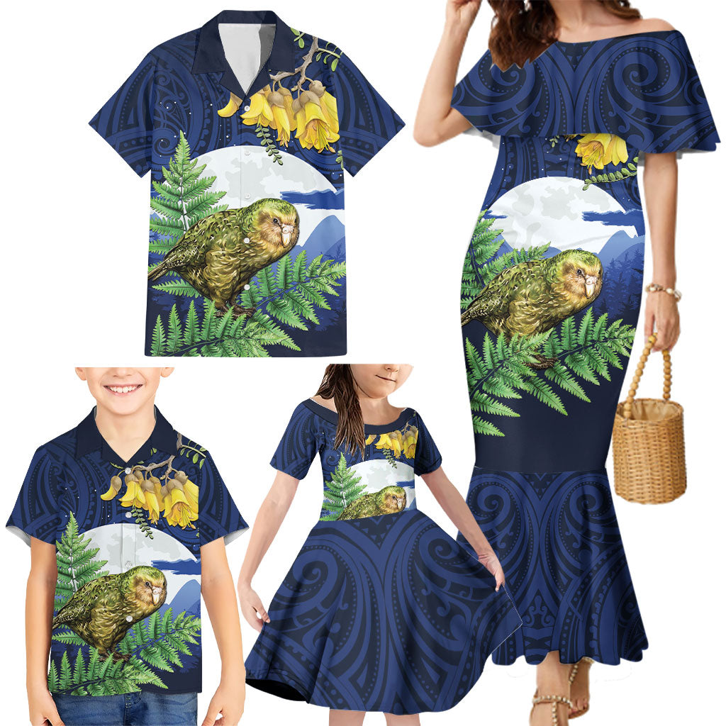 Kakapo New Zealand Personalised Family Matching Mermaid Dress and Hawaiian Shirt Kowhai Flower Silver Fern Maori Pattern LT22 - Polynesian Pride