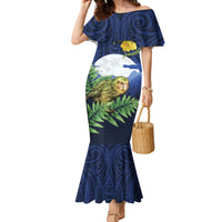 Kakapo New Zealand Personalised Family Matching Mermaid Dress and Hawaiian Shirt Kowhai Flower Silver Fern Maori Pattern LT22 Mom's Dress Blue - Polynesian Pride