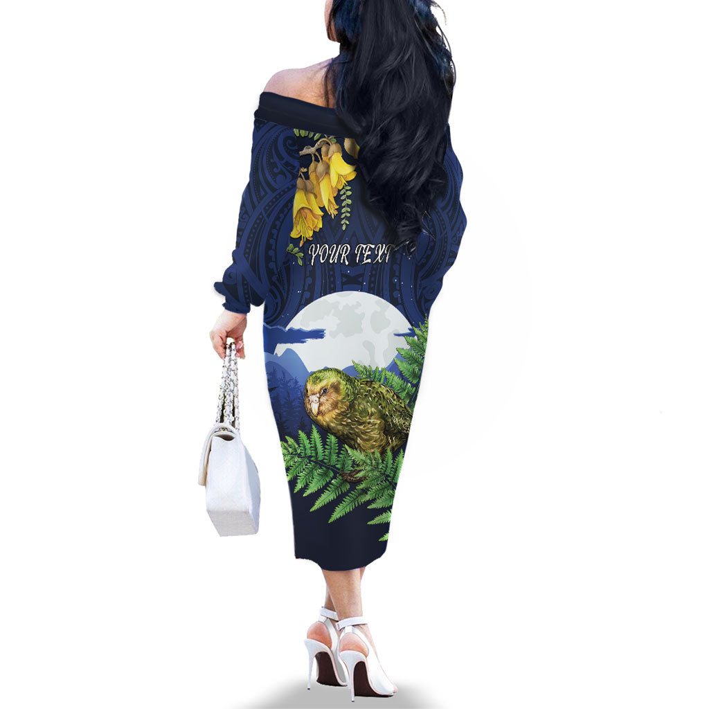 Kakapo New Zealand Personalised Family Matching Off The Shoulder Long Sleeve Dress and Hawaiian Shirt Kowhai Flower Silver Fern Maori Pattern