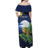 Kakapo New Zealand Personalised Family Matching Off Shoulder Maxi Dress and Hawaiian Shirt Kowhai Flower Silver Fern Maori Pattern