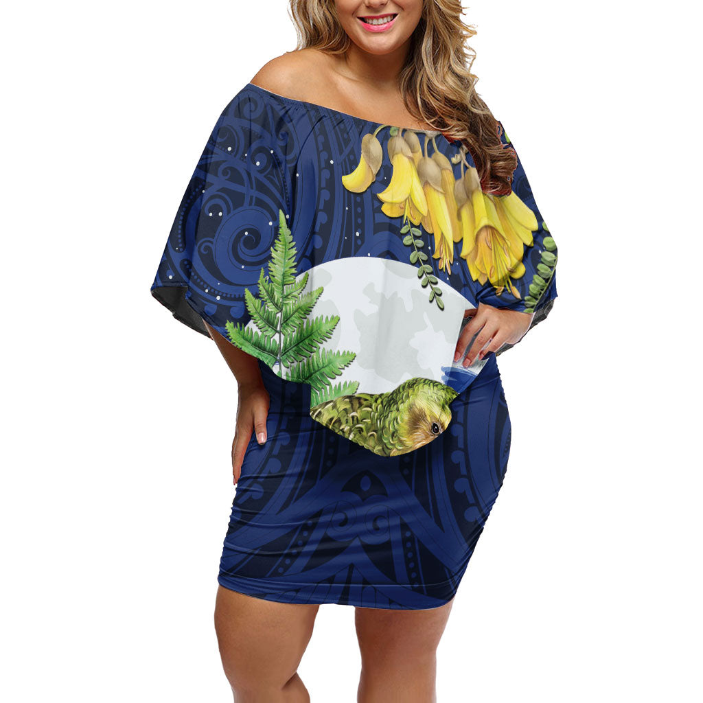 Kakapo New Zealand Personalised Family Matching Off Shoulder Short Dress and Hawaiian Shirt Kowhai Flower Silver Fern Maori Pattern