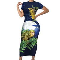 Kakapo New Zealand Personalised Family Matching Short Sleeve Bodycon Dress and Hawaiian Shirt Kowhai Flower Silver Fern Maori Pattern