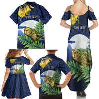 Kakapo New Zealand Personalised Family Matching Summer Maxi Dress and Hawaiian Shirt Kowhai Flower Silver Fern Maori Pattern