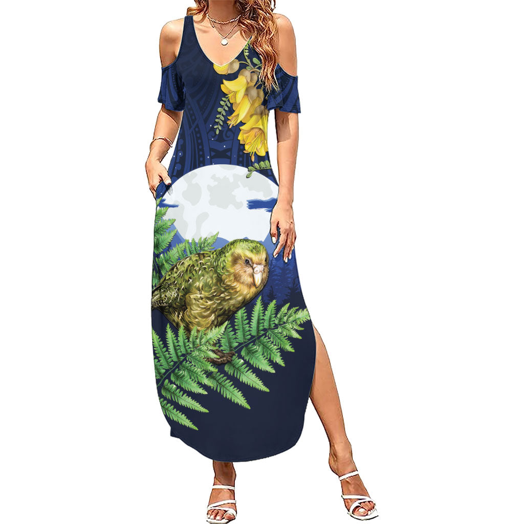 Kakapo New Zealand Personalised Family Matching Summer Maxi Dress and Hawaiian Shirt Kowhai Flower Silver Fern Maori Pattern