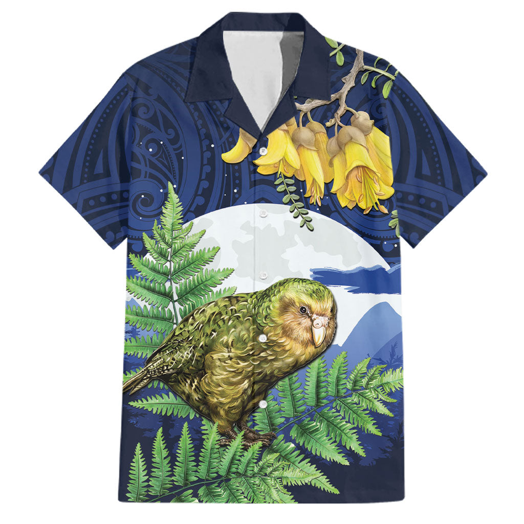 Kakapo New Zealand Personalised Family Matching Tank Maxi Dress and Hawaiian Shirt Kowhai Flower Silver Fern Maori Pattern LT22 Dad's Shirt - Short Sleeve Blue - Polynesian Pride