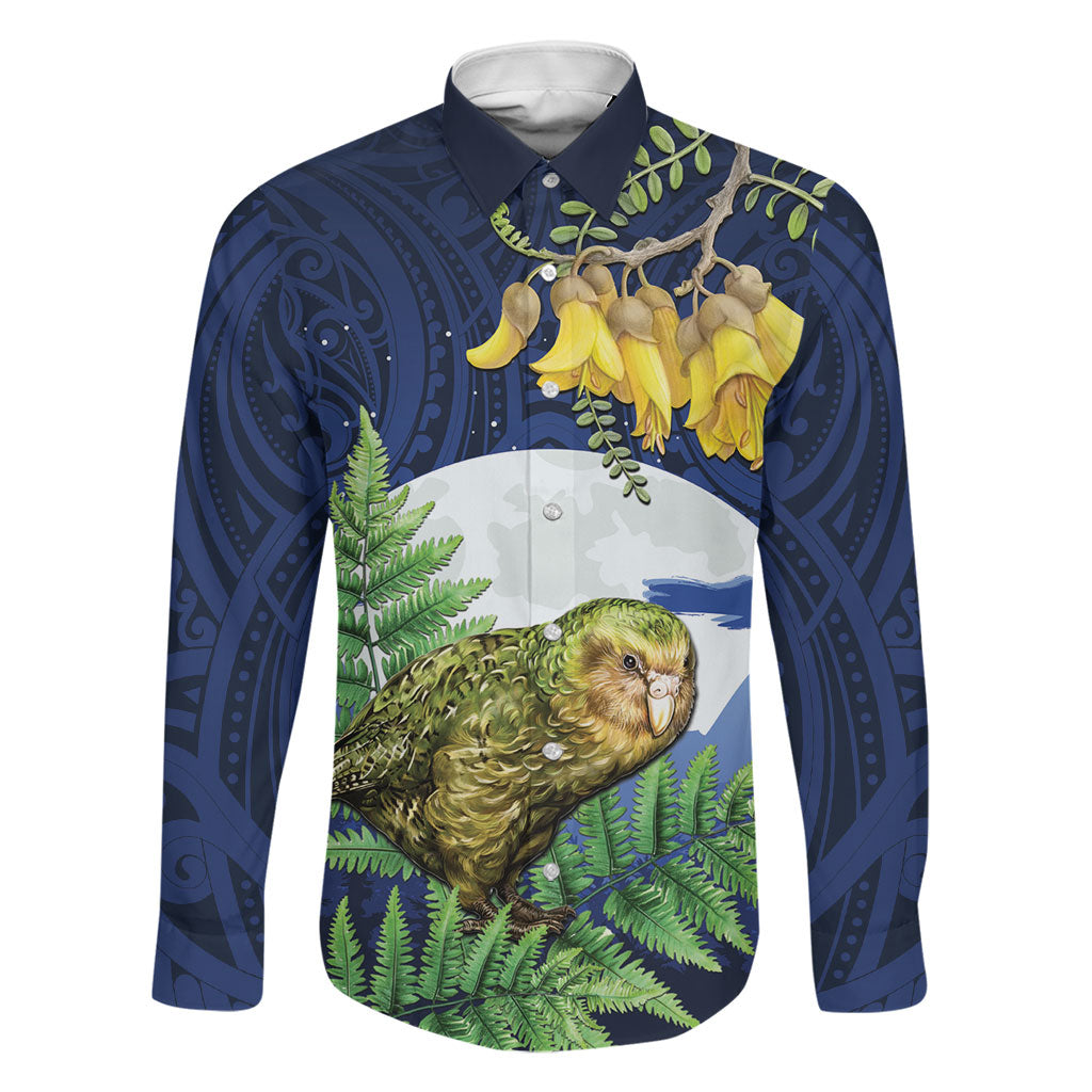 Kakapo New Zealand Personalised Family Matching Tank Maxi Dress and Hawaiian Shirt Kowhai Flower Silver Fern Maori Pattern LT22 Dad's Shirt - Long Sleeve Blue - Polynesian Pride