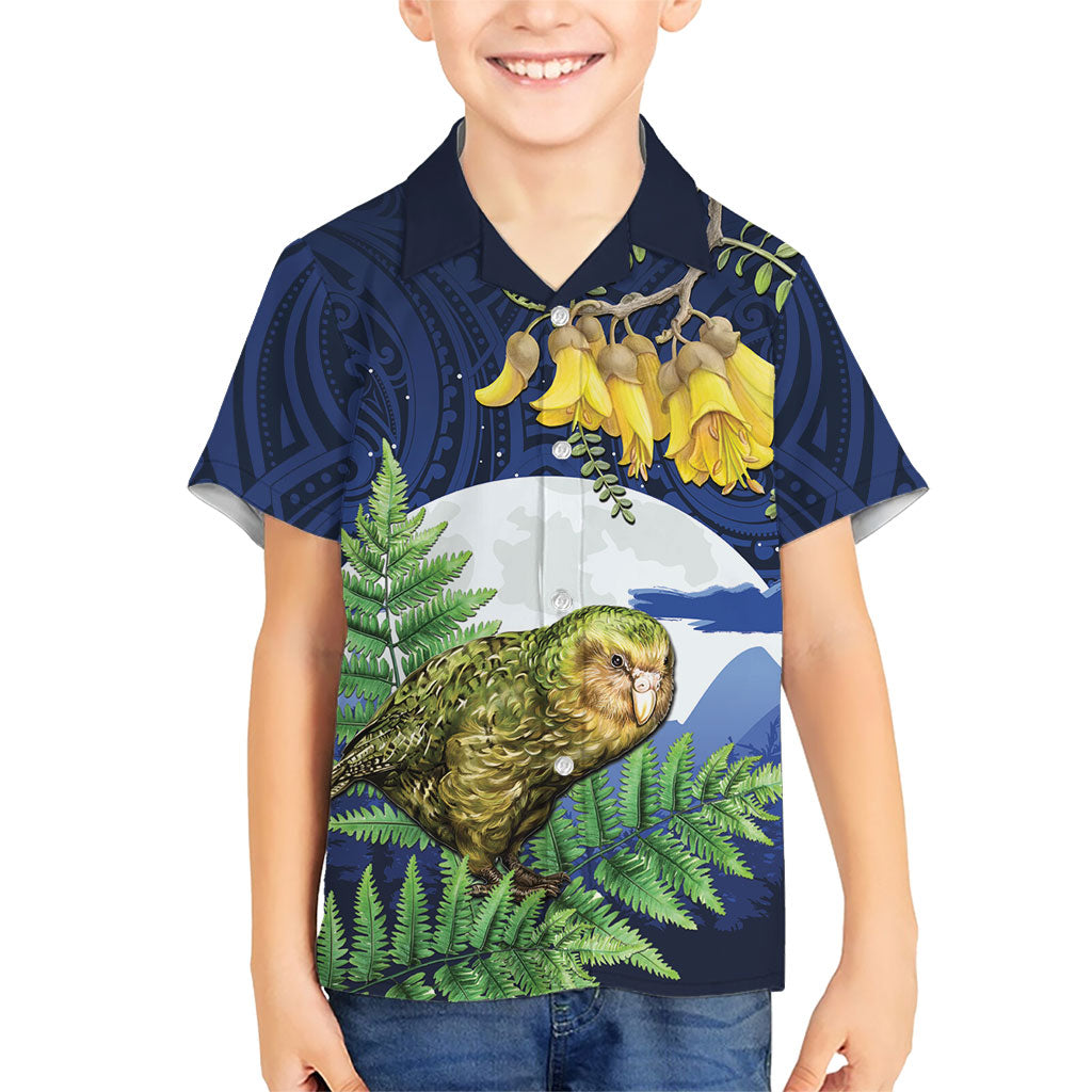Kakapo New Zealand Personalised Family Matching Tank Maxi Dress and Hawaiian Shirt Kowhai Flower Silver Fern Maori Pattern LT22 Son's Shirt Blue - Polynesian Pride