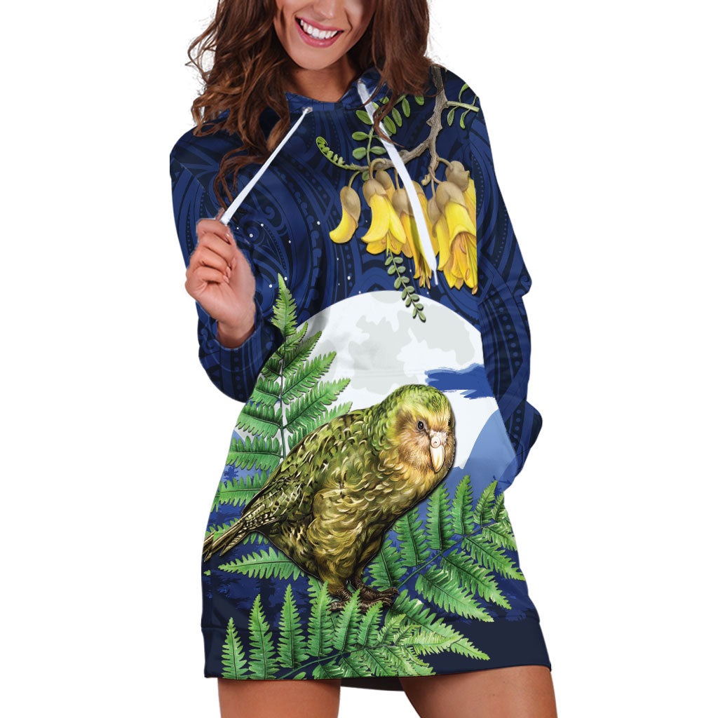 Kakapo New Zealand Personalised Hoodie Dress Kowhai Flower Silver Fern Maori Pattern