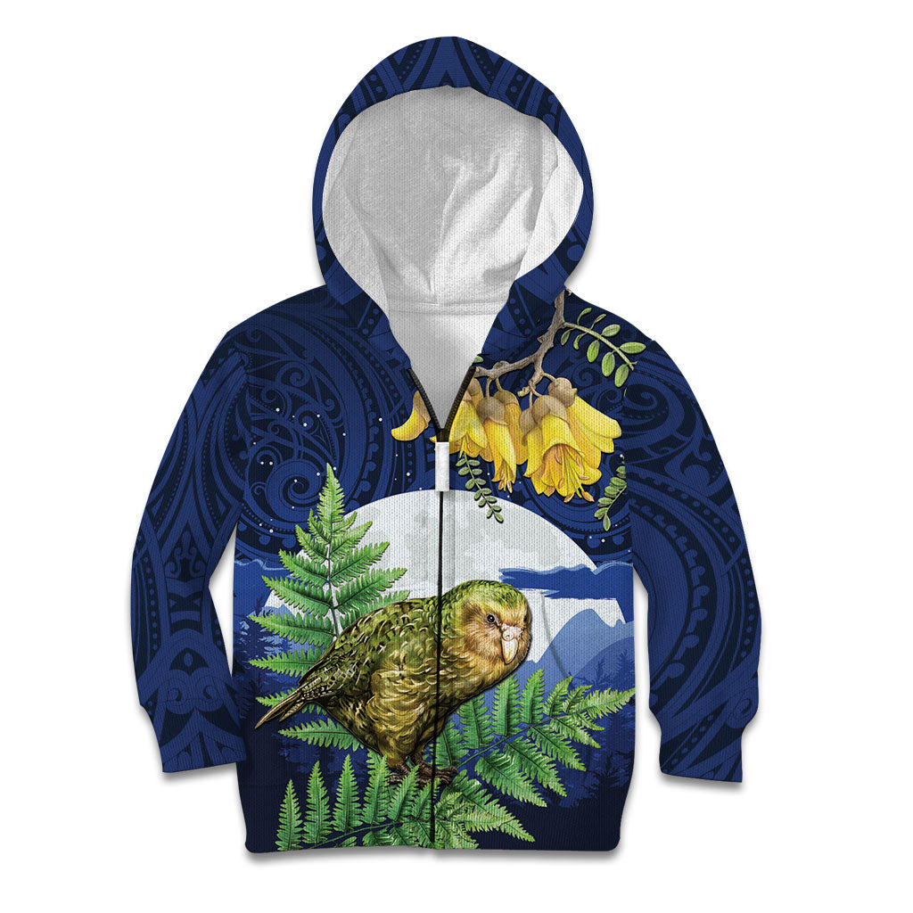 Kakapo New Zealand Personalised Kid Hoodie Kowhai Flower Silver Fern Maori Pattern LT22 Zip Hoodie Blue - Polynesian Pride