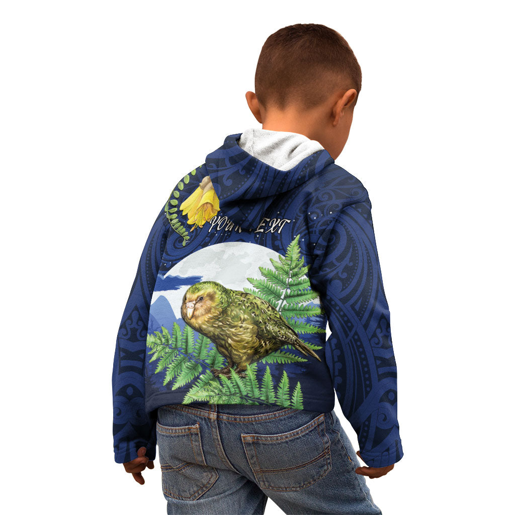Kakapo New Zealand Personalised Kid Hoodie Kowhai Flower Silver Fern Maori Pattern LT22 - Polynesian Pride