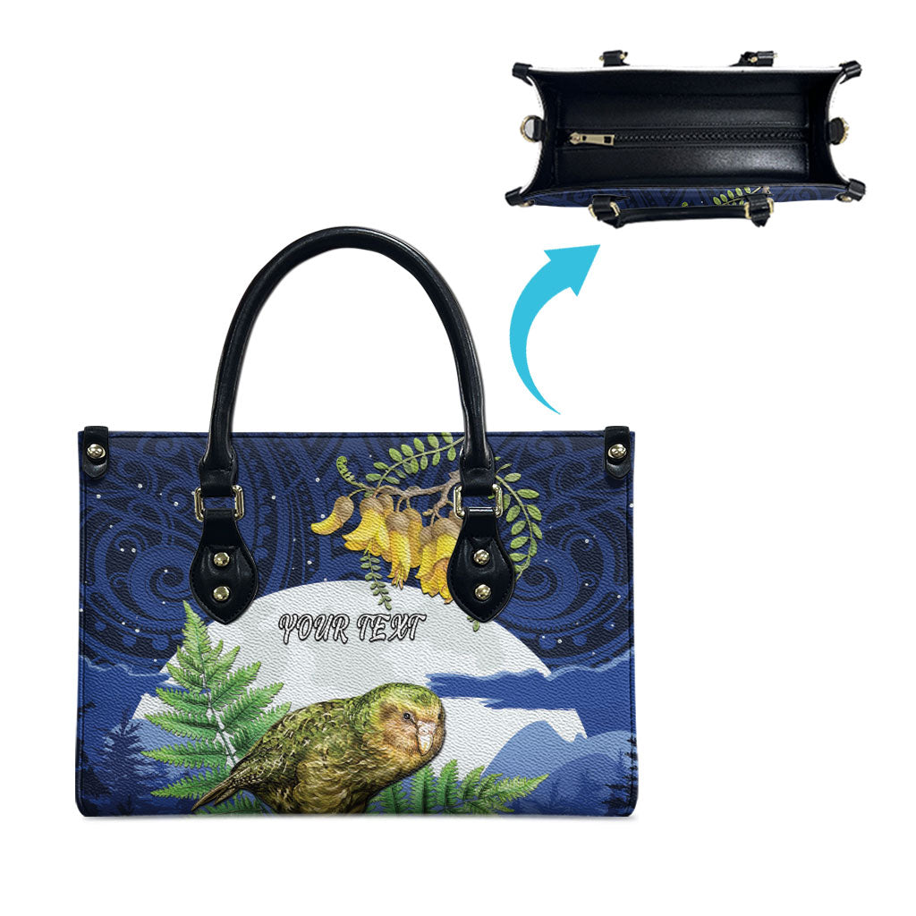 Kakapo New Zealand Personalised Leather Bag Kowhai Flower Silver Fern Maori Pattern