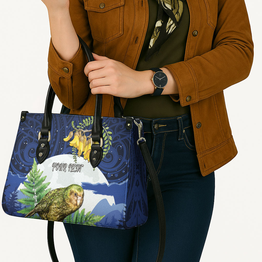 Kakapo New Zealand Personalised Leather Bag Kowhai Flower Silver Fern Maori Pattern