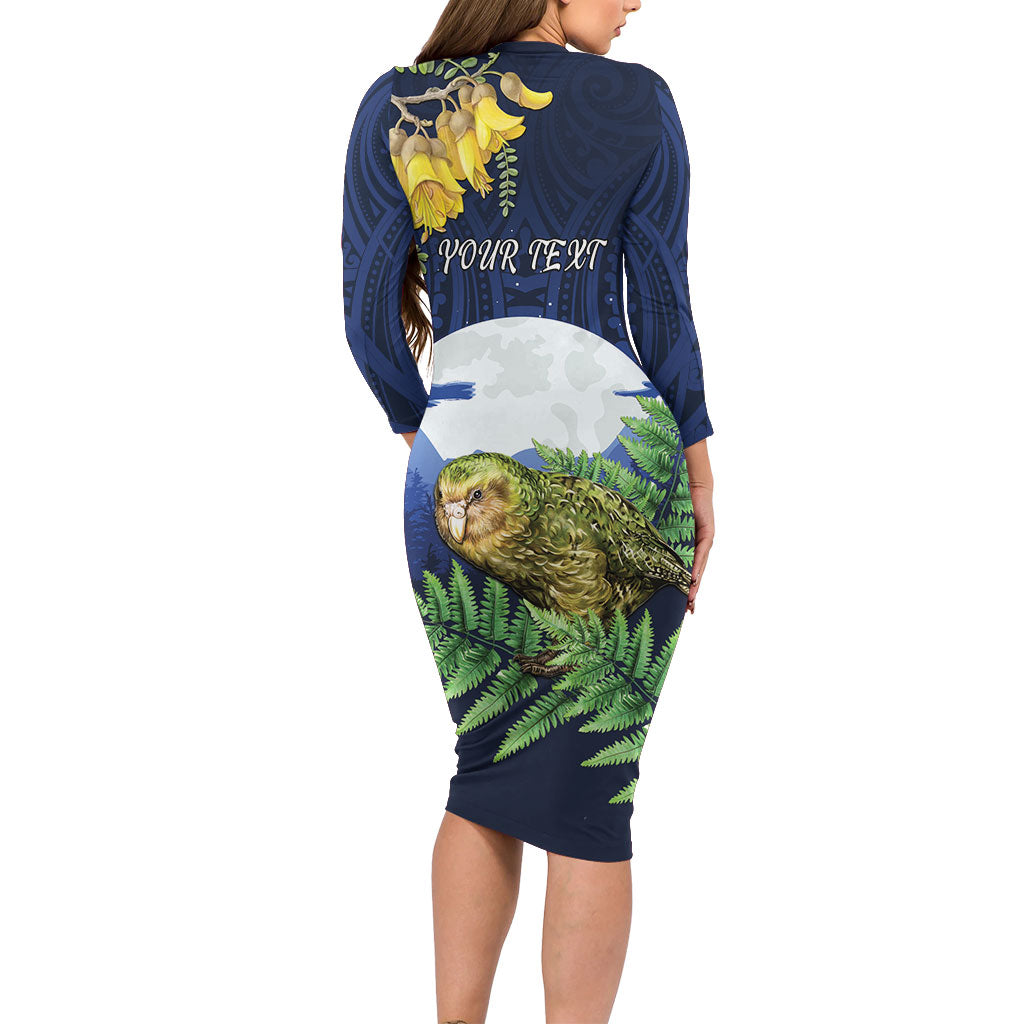 Kakapo New Zealand Personalised Long Sleeve Bodycon Dress Kowhai Flower Silver Fern Maori Pattern