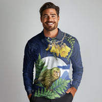 Kakapo New Zealand Personalised Long Sleeve Polo Shirt Kowhai Flower Silver Fern Maori Pattern
