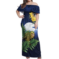 Kakapo New Zealand Personalised Off Shoulder Maxi Dress Kowhai Flower Silver Fern Maori Pattern
