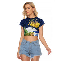 Kakapo New Zealand Personalised Raglan Cropped T Shirt Kowhai Flower Silver Fern Maori Pattern LT22 Female Blue - Polynesian Pride