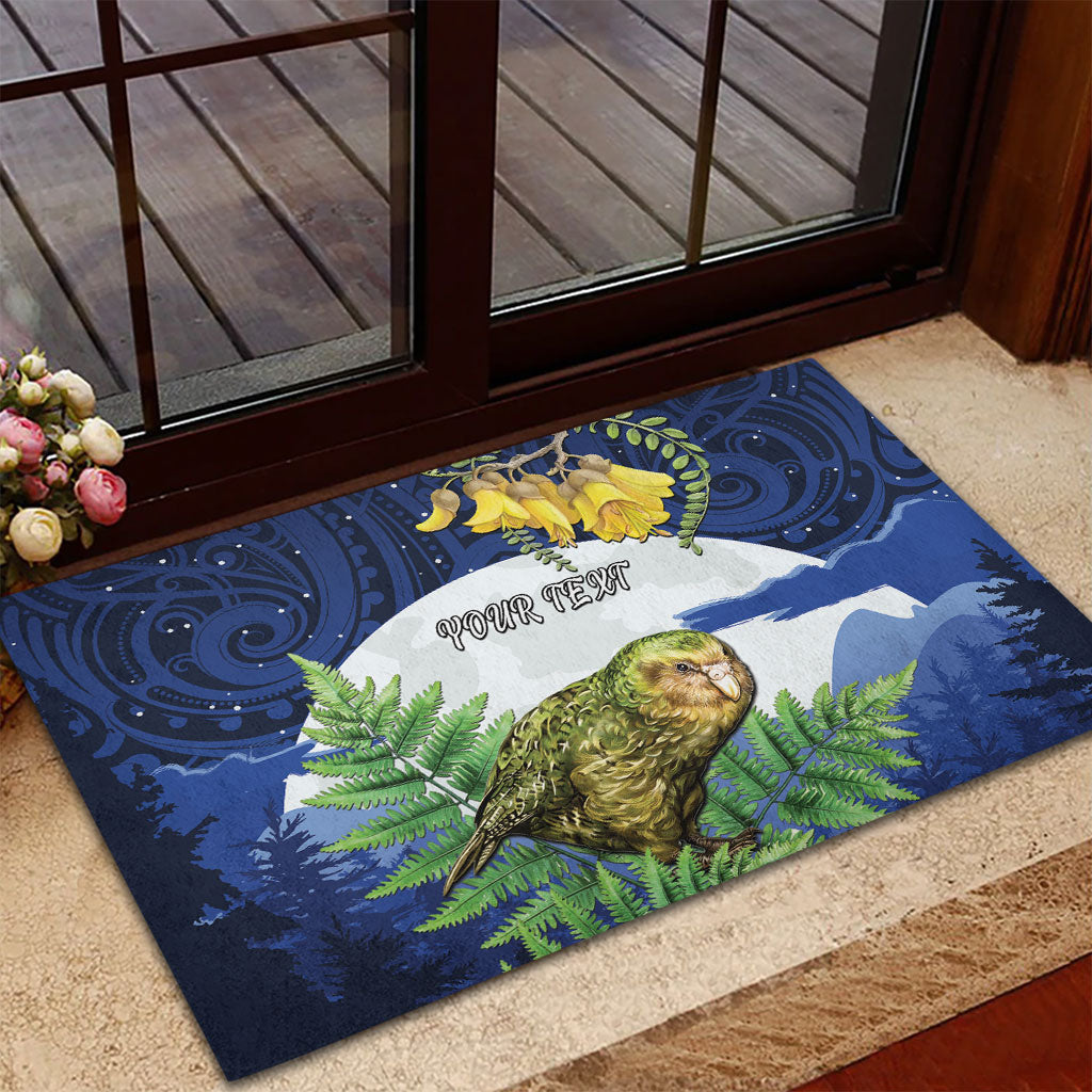 Kakapo New Zealand Personalised Rubber Doormat Kowhai Flower Silver Fern Maori Pattern