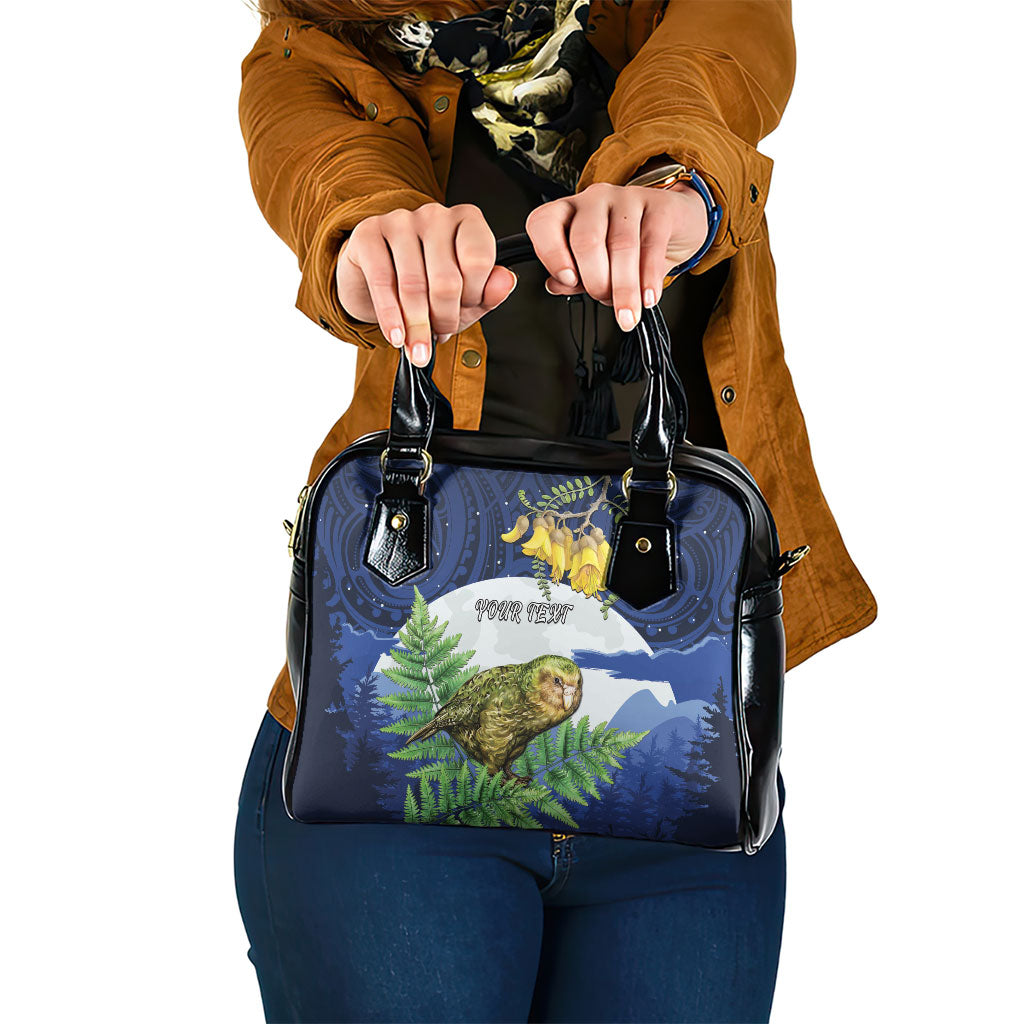 Kakapo New Zealand Personalised Shoulder Handbag Kowhai Flower Silver Fern Maori Pattern