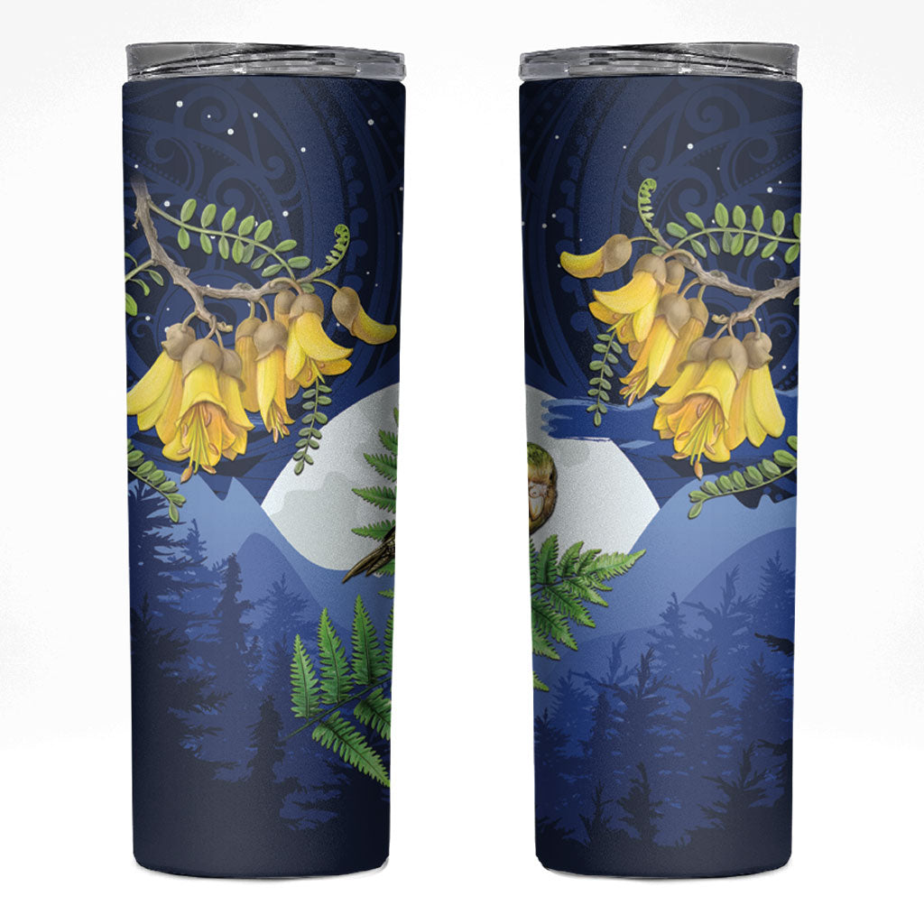 Kakapo New Zealand Personalised Skinny Tumbler Kowhai Flower Silver Fern Maori Pattern