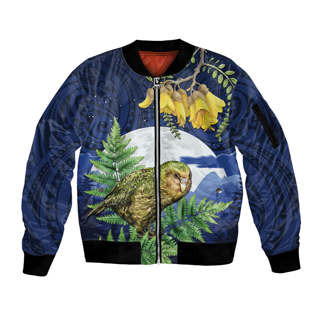 Kakapo New Zealand Personalised Sleeve Zip Bomber Jacket Kowhai Flower Silver Fern Maori Pattern