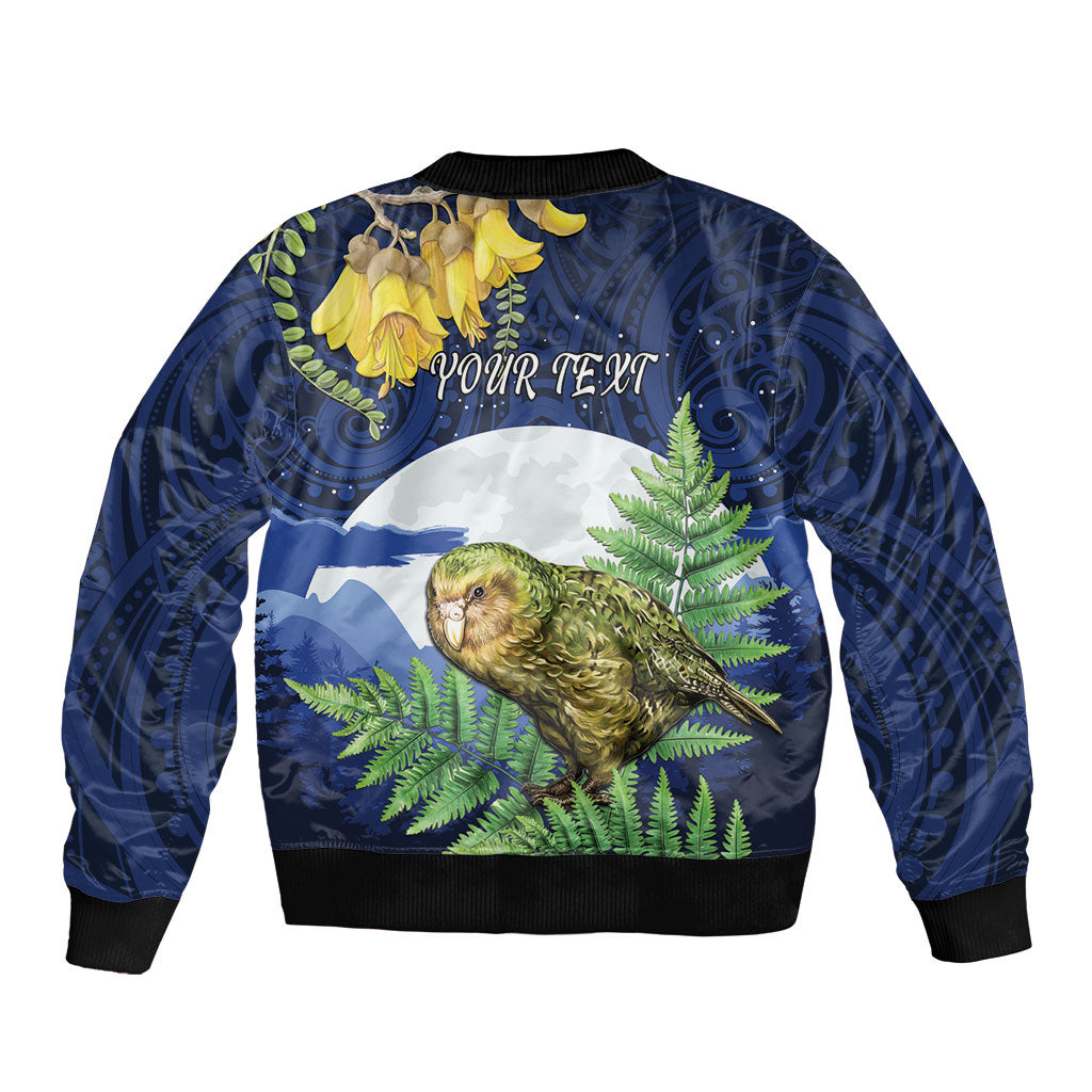 Kakapo New Zealand Personalised Sleeve Zip Bomber Jacket Kowhai Flower Silver Fern Maori Pattern LT22 - Polynesian Pride