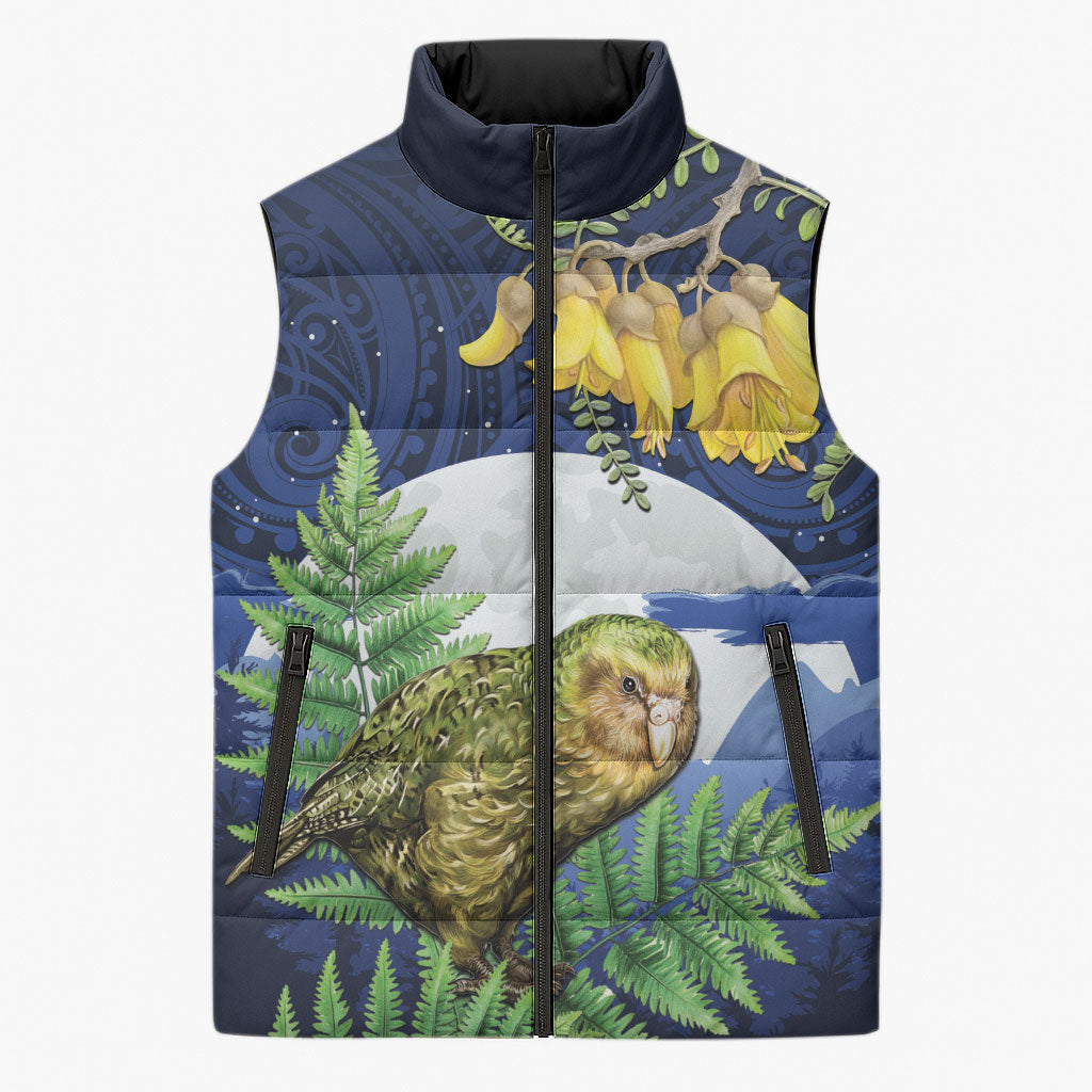 Kakapo New Zealand Personalised Sleeveless Puffer Jacket Kowhai Flower Silver Fern Maori Pattern