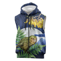 Kakapo New Zealand Personalised Sleeveless Zip Hoodie Kowhai Flower Silver Fern Maori Pattern LT22 Blue - Polynesian Pride