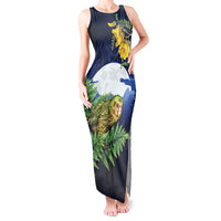 Kakapo New Zealand Personalised Tank Maxi Dress Kowhai Flower Silver Fern Maori Pattern LT22 Women Blue - Polynesian Pride