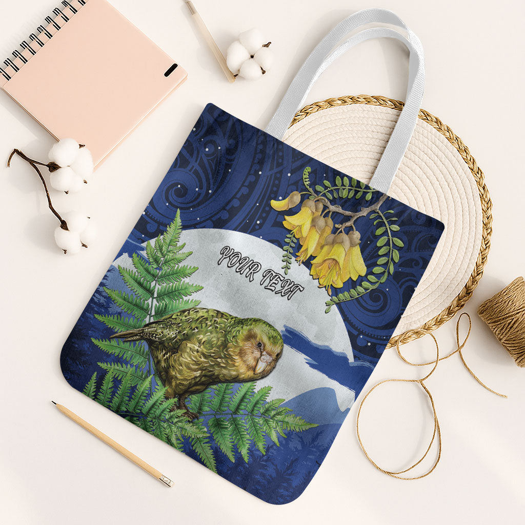 Kakapo New Zealand Personalised Tote Bag Kowhai Flower Silver Fern Maori Pattern