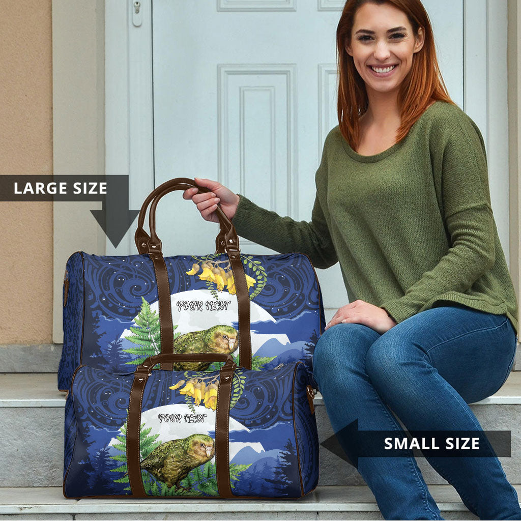 Kakapo New Zealand Personalised Travel Bag Kowhai Flower Silver Fern Maori Pattern