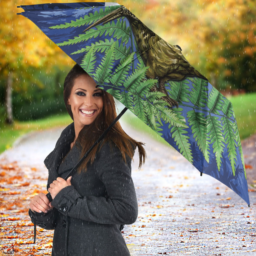 Kakapo New Zealand Personalised Umbrella Kowhai Flower Silver Fern Maori Pattern
