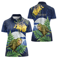 Kakapo New Zealand Personalised Women Polo Shirt Kowhai Flower Silver Fern Maori Pattern