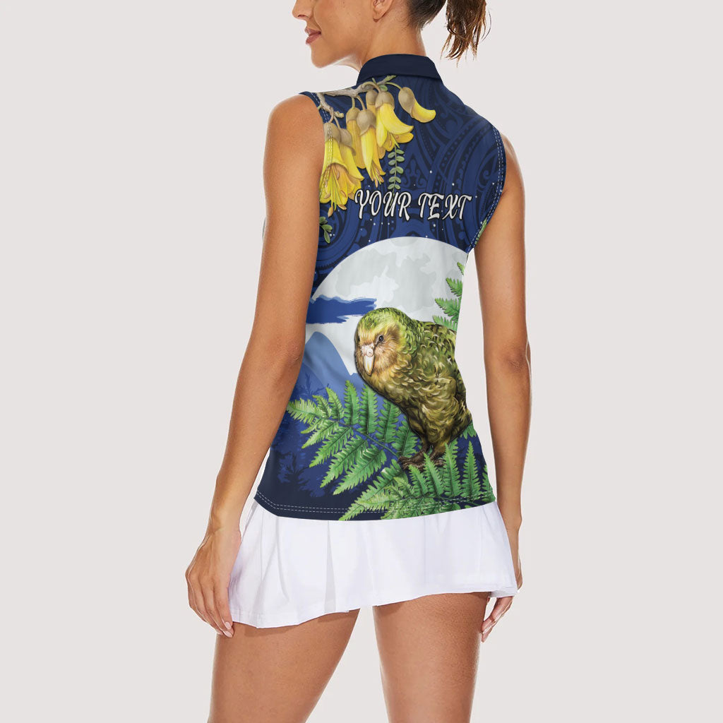 Kakapo New Zealand Personalised Women Sleeveless Polo Shirt Kowhai Flower Silver Fern Maori Pattern