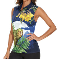 Kakapo New Zealand Personalised Women Sleeveless Polo Shirt Kowhai Flower Silver Fern Maori Pattern