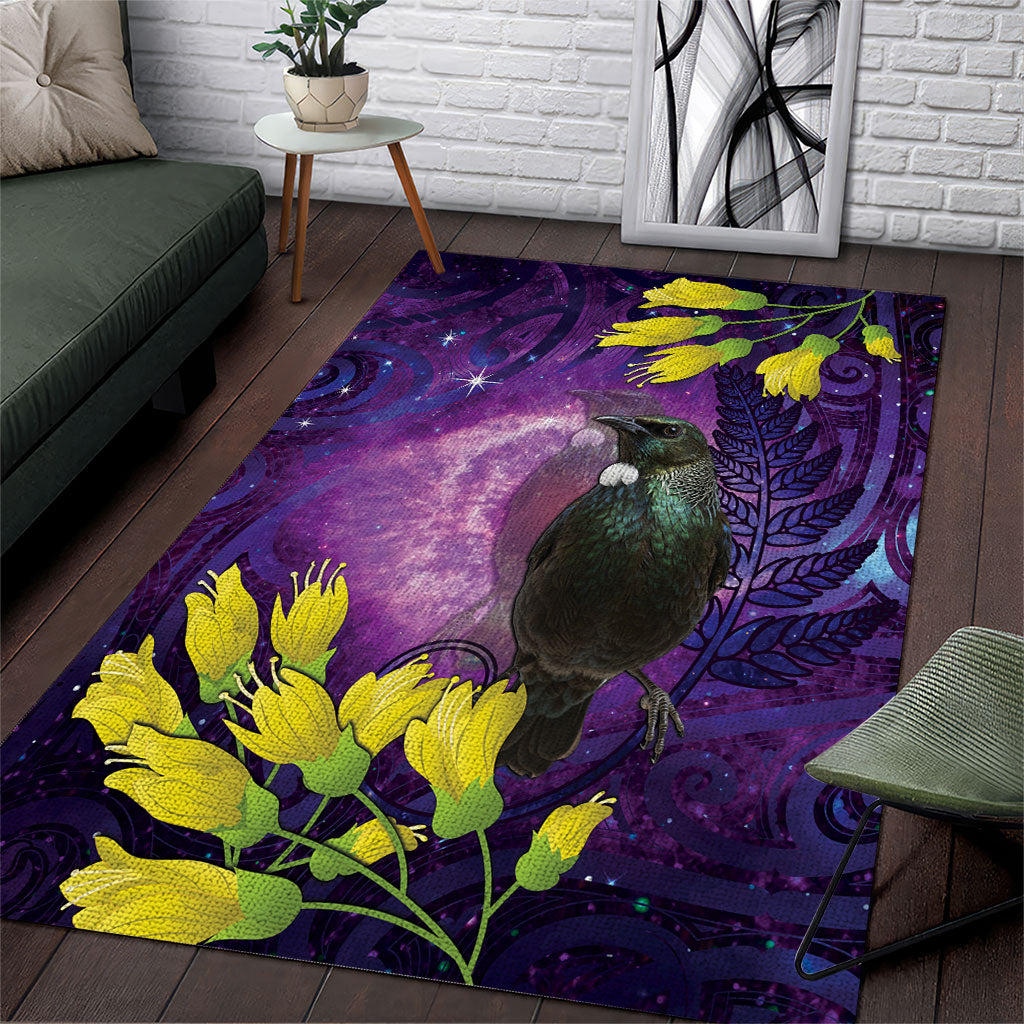 New Zealand Tui Bird Matariki Area Rug Kowhai Flower Silver Fern Galaxy Maori Pattern