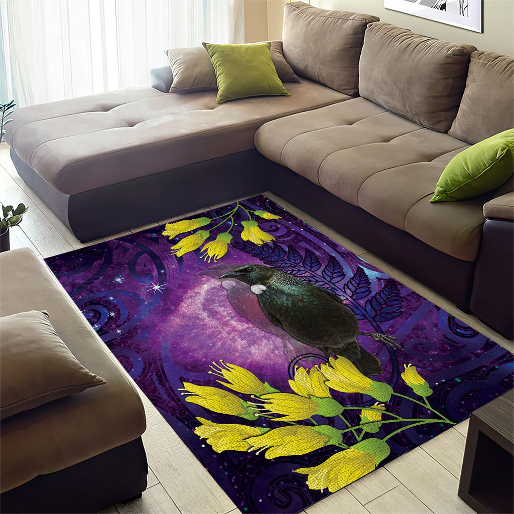 New Zealand Tui Bird Matariki Area Rug Kowhai Flower Silver Fern Galaxy Maori Pattern